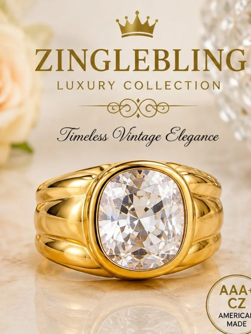 Vintage 1993 AAA+ CZ 18K Gold Plated Statement Ring NOS Size 8.5
